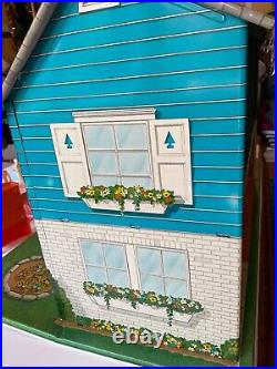 Vtg Marx Doll House Tin Litho Metal 2 Story Colonial With Furniture & Figures